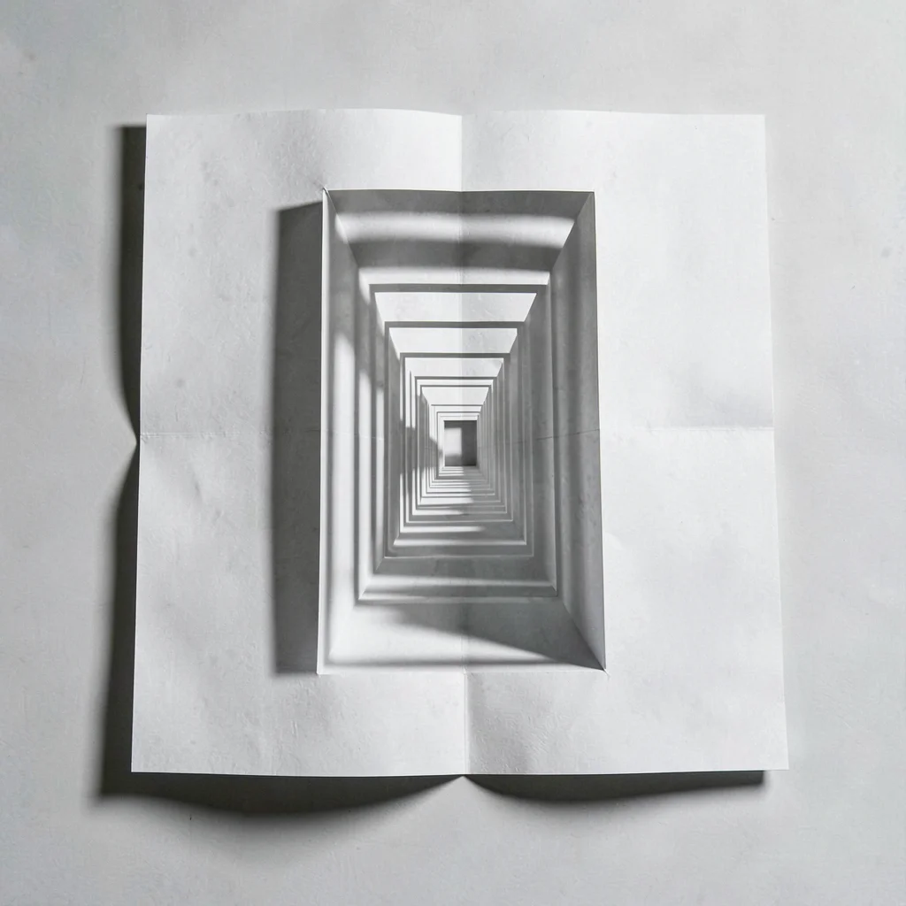 Inside spread of a paper labyrinth folded from a single sheet, narrow corridors 