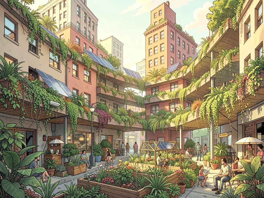 City intersection with flowing planted terraces replacing all vehicle lanes