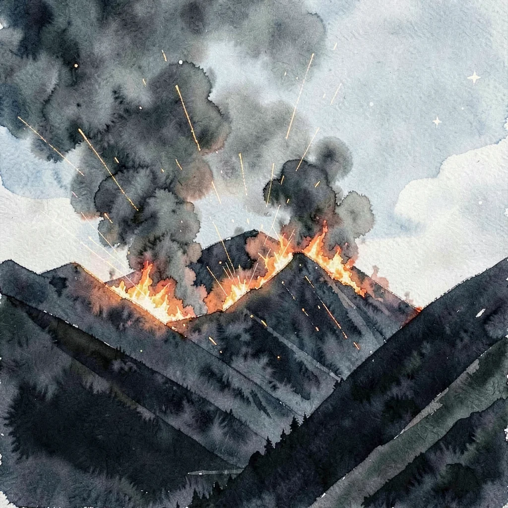 Distant mountain ridge engulfed in a wall of fire seen across a dark valley, spa