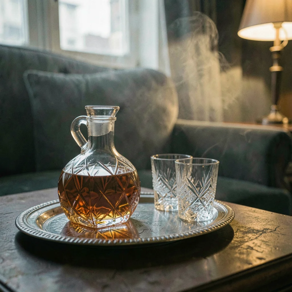 Humid atmospheric scene, Central European grandeur, Crystal decanter half-filled
