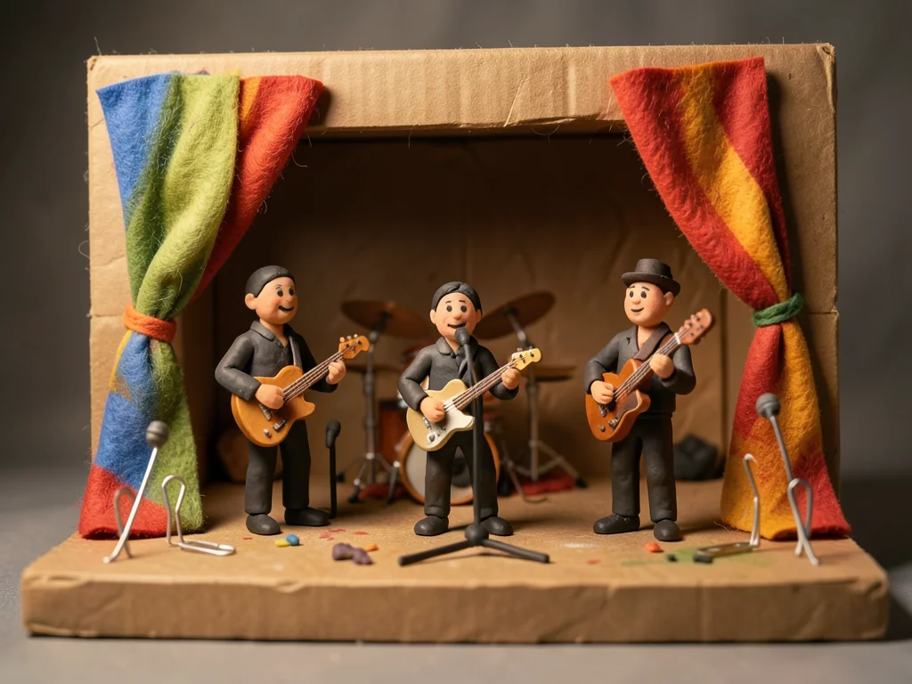 A clay rock band on a stage made of cardboard, tiny clay instruments, felt curta