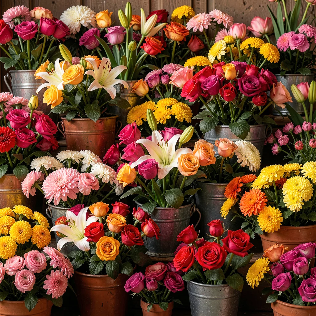 Densely layered composition, rich saturated colors, Florist cooler packed with b
