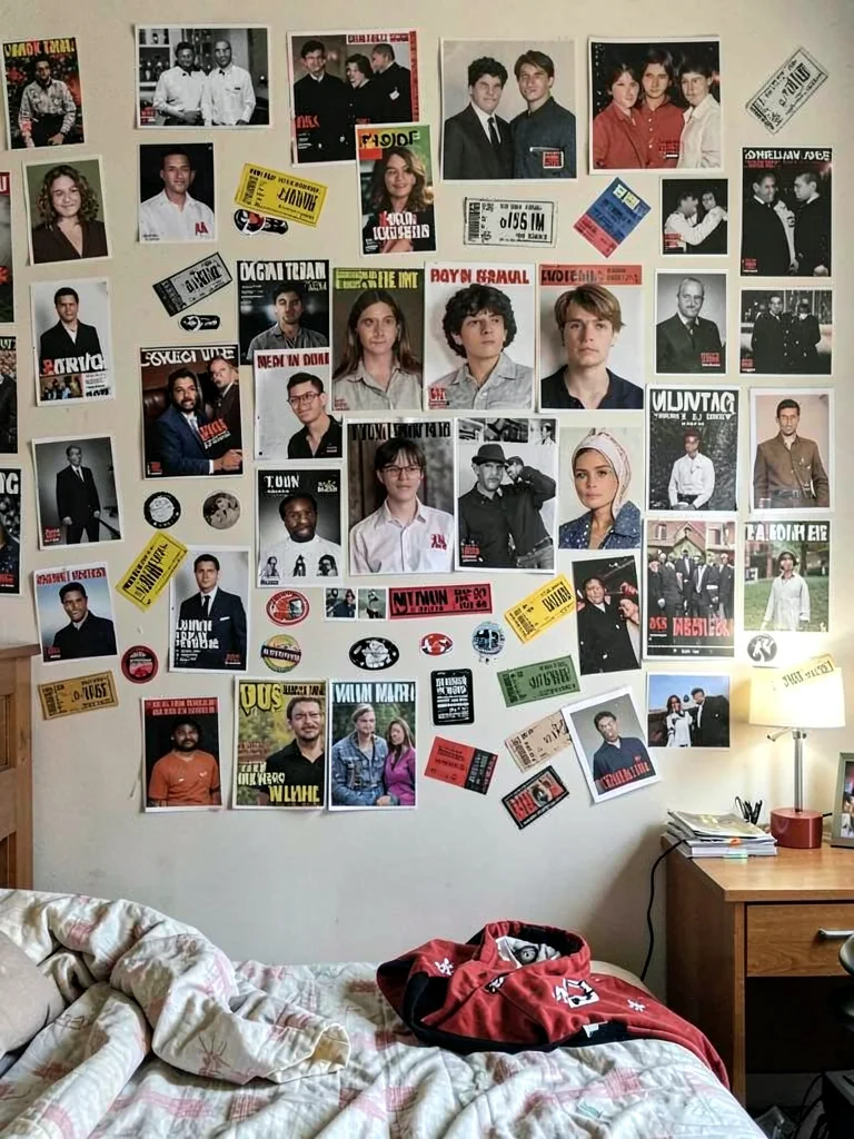 A teenager's bedroom wall covered in magazine cutouts, photos, ticket stubs, sti