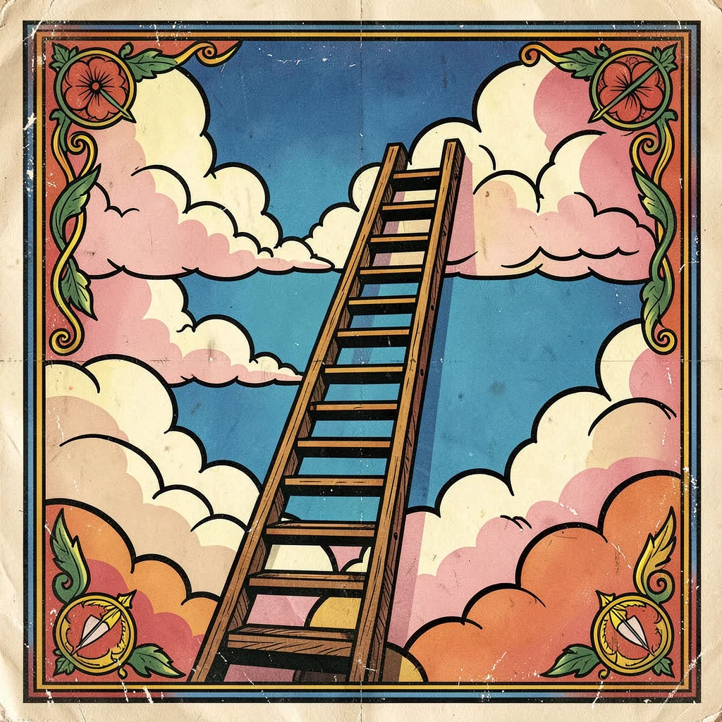 Mexican lotería card illustration, a ladder reaching up toward the clouds , bold