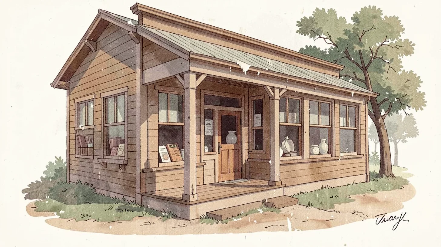 Casein illustration, country store with porch , milk-based paint, vintage matte 