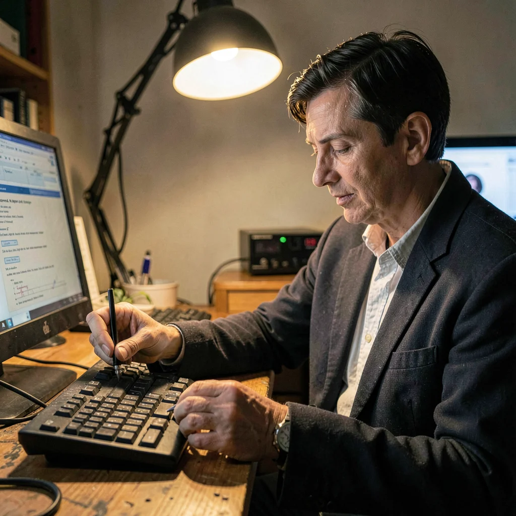 Portrait of a metadata specialist tagging a release on a worn keyboard, lamp poo