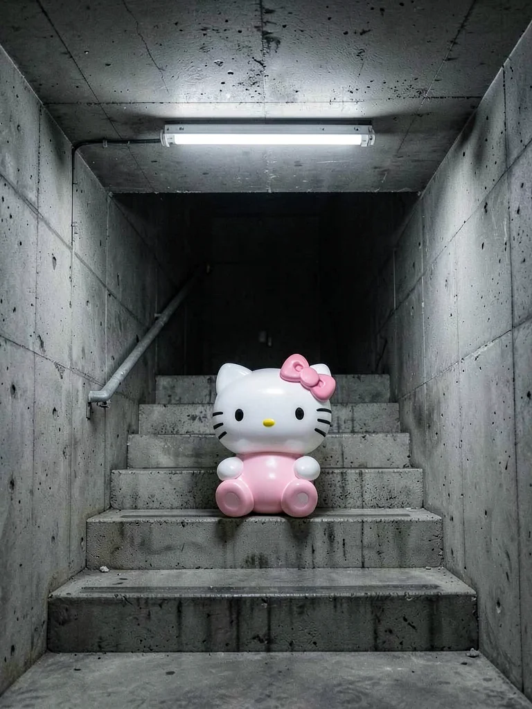 Hello Kitty plush sitting on raw concrete parking garage stairwell, harsh fluore