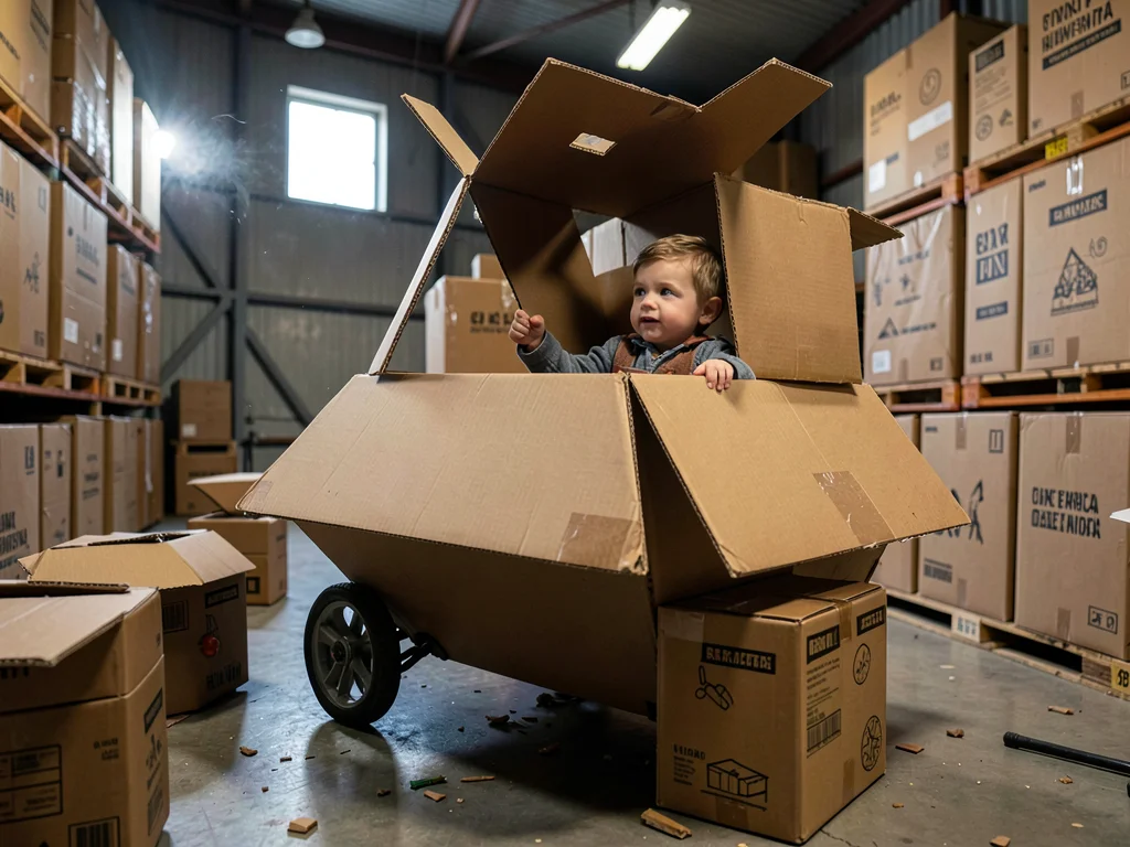 Child in cardboard box spaceship, imagination infrastructure