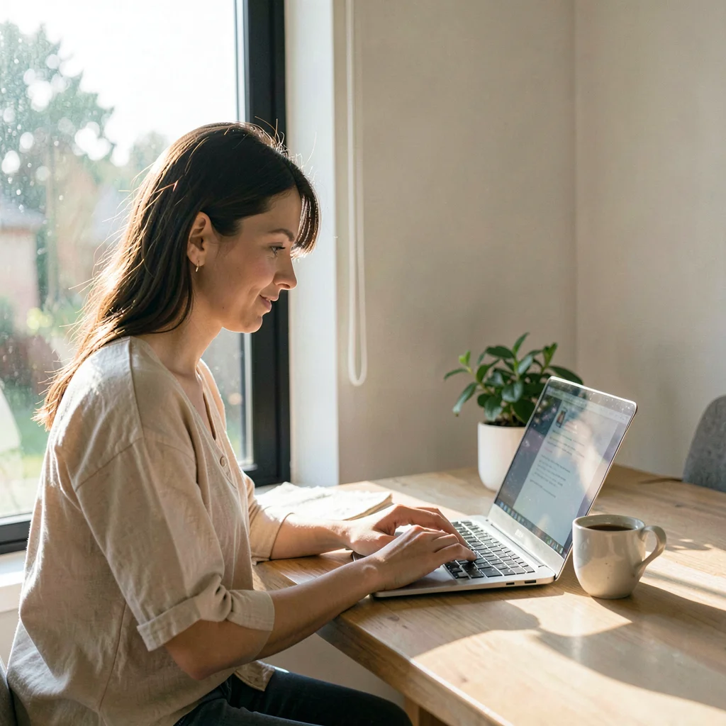 Documentary photograph, Woman typing on laptop at minimalist home desk with larg