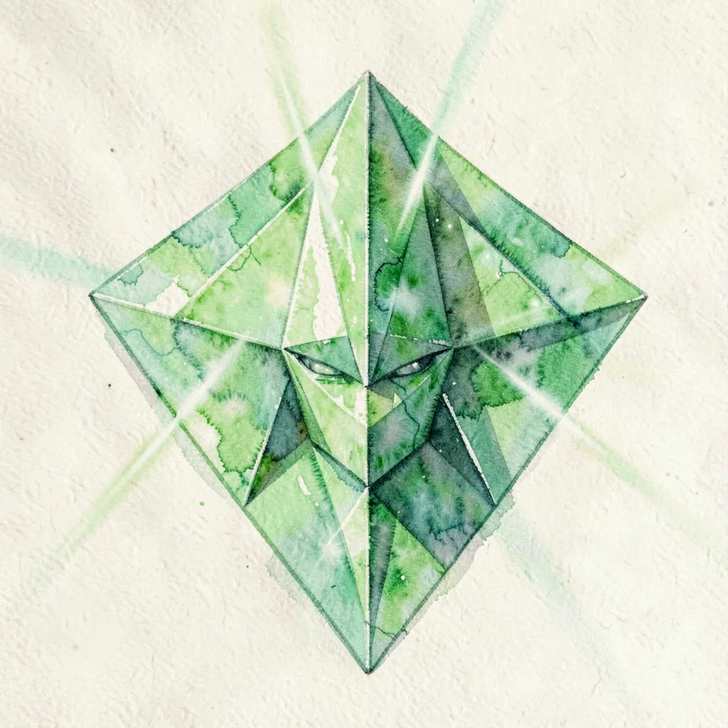 Bright peridot lowpoly kite shield with a tall faceted face and sharp central ri