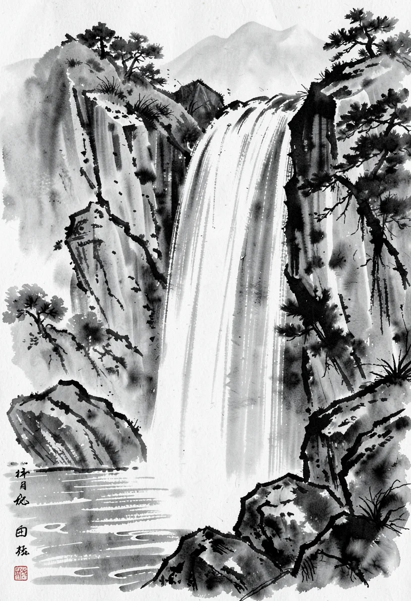 Waterfall rocks sumi-e