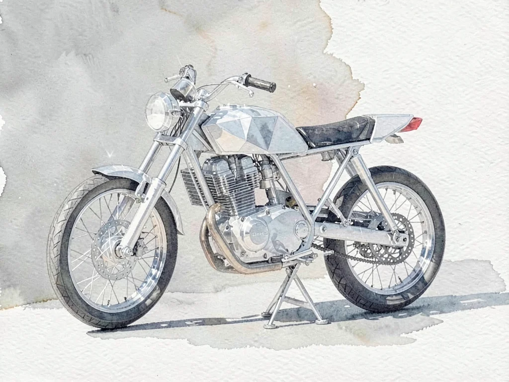 Crystal-clear lowpoly motorcycle leaned on its kickstand with thin transparent b