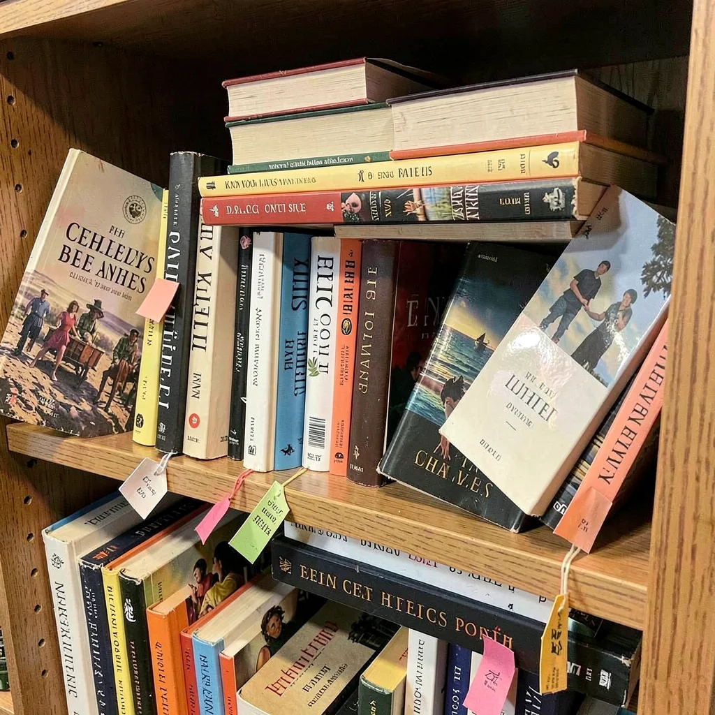 Crowded bookshelf with paperbacks shoved in at angles, bookmarks sticking out, s