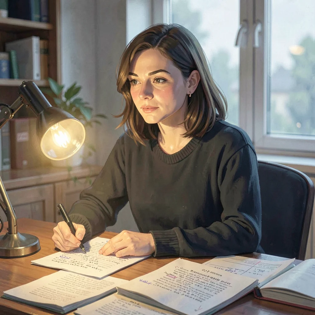 Quiet lamplight portrait of a postdoc at a desk strewn with marked-up offprints,