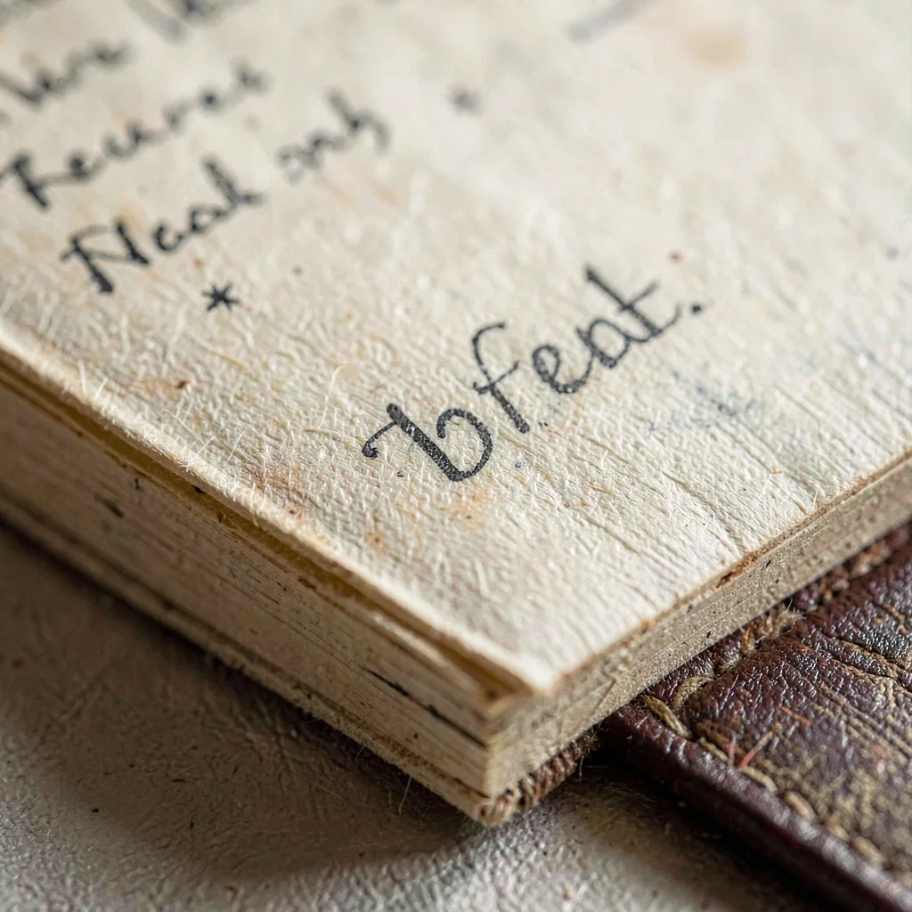 Macro study of a manuscript page corner with crisp fold and pencil annotation, f