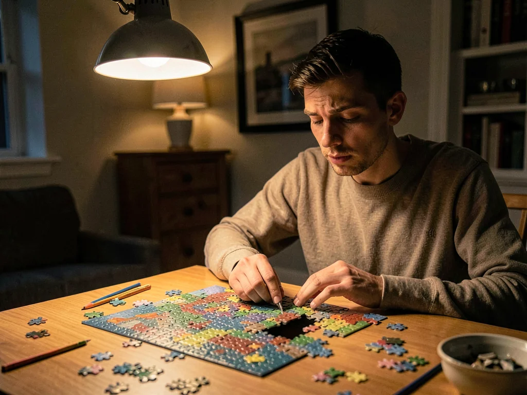 Night puzzling under lamp, concentration visible, the meditative solo activity