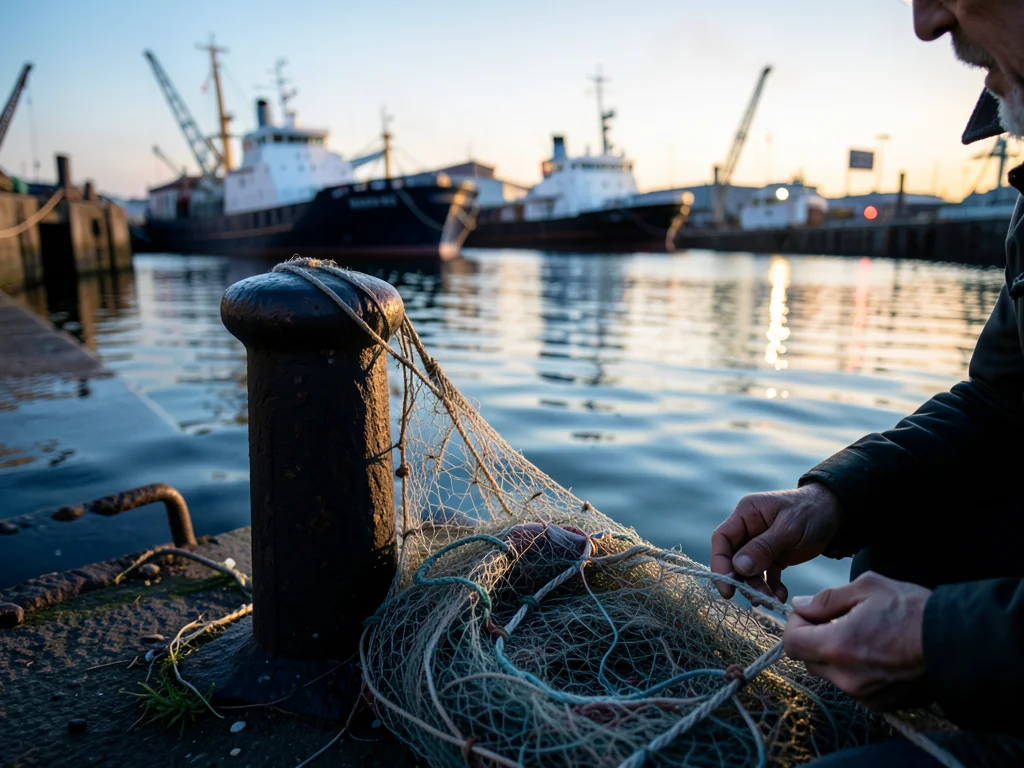 A fishing net being mended on a dock, the fisherman's hands working, the net dra