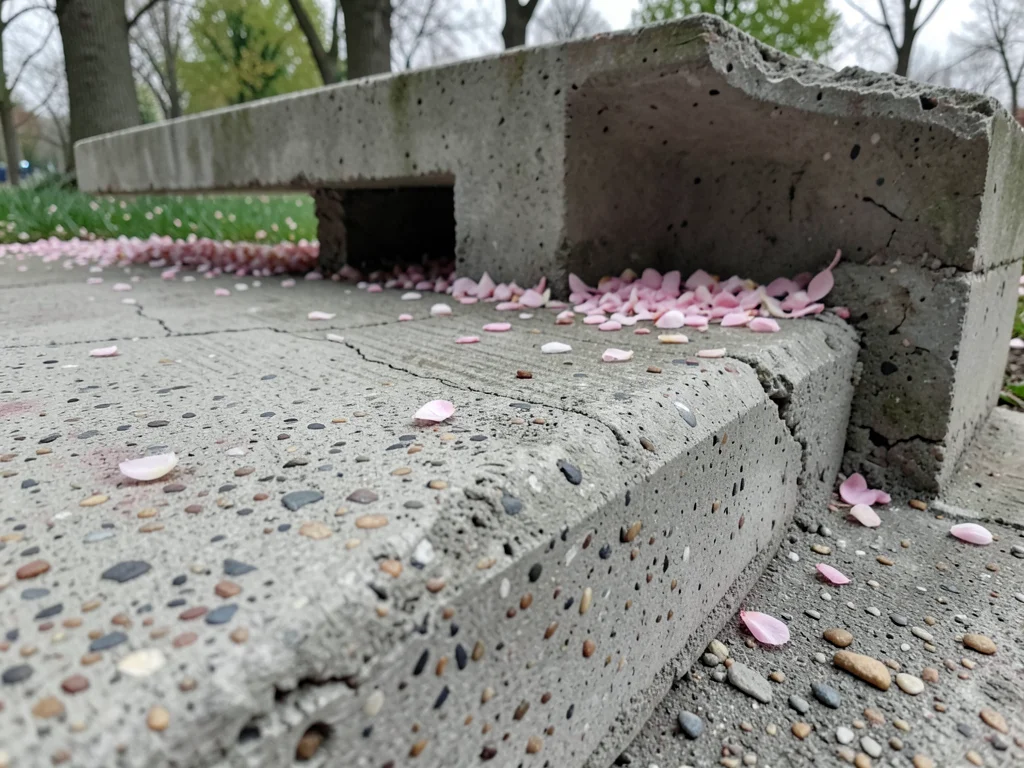 Concrete bench in spring park, cherry petals collected in architectural corners