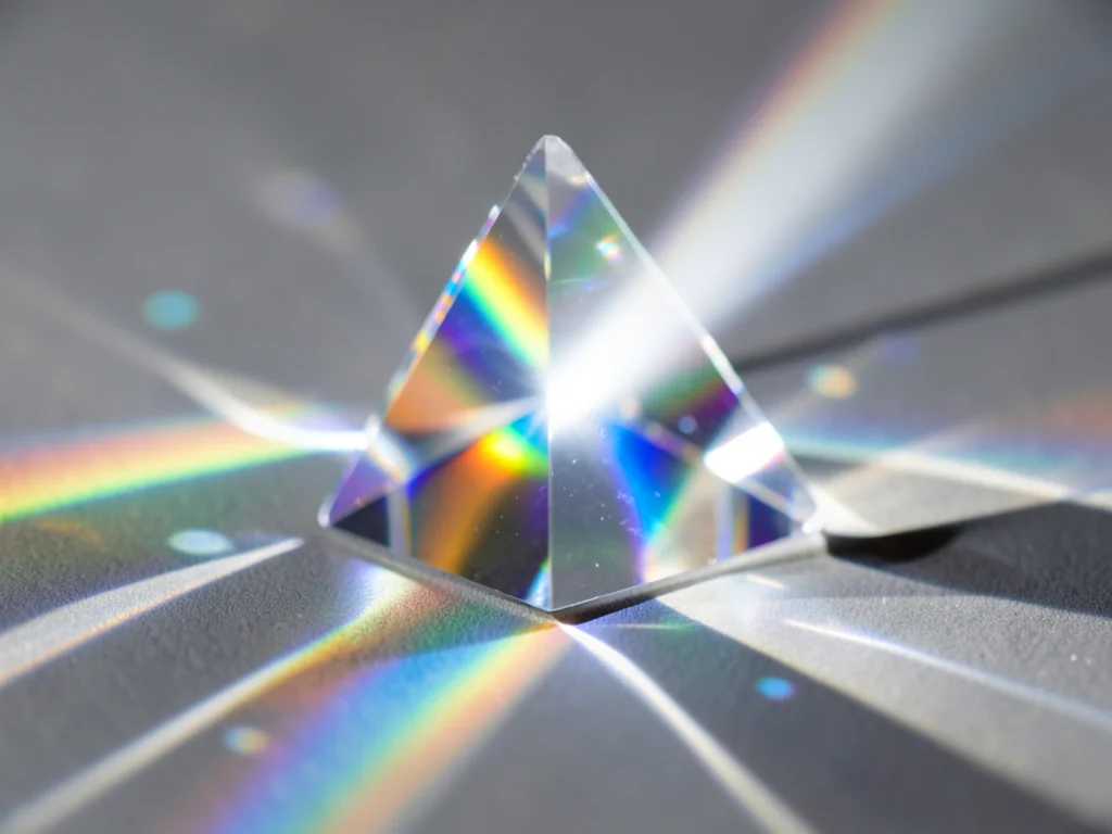Single concentrated beam of white light hitting a triangular glass prism and exp
