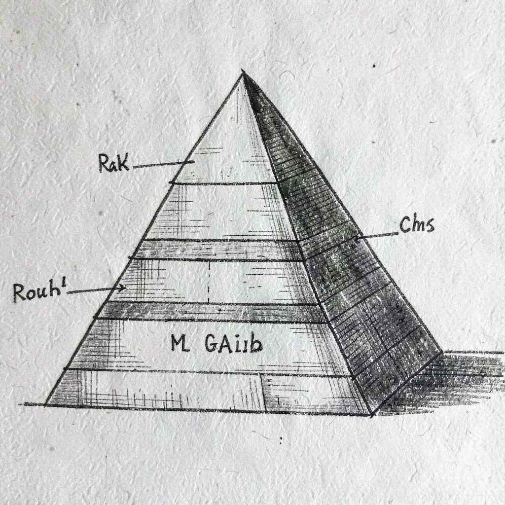 Hand-drawn schematic of a stylised pyramid with three labeled tiers in muted ink