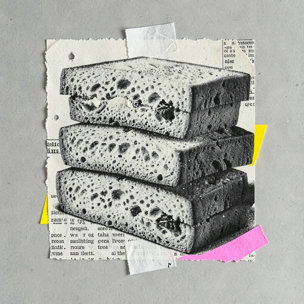 Cut-paper collage of a stacked tower of three sandwiches with halftone shadow, i