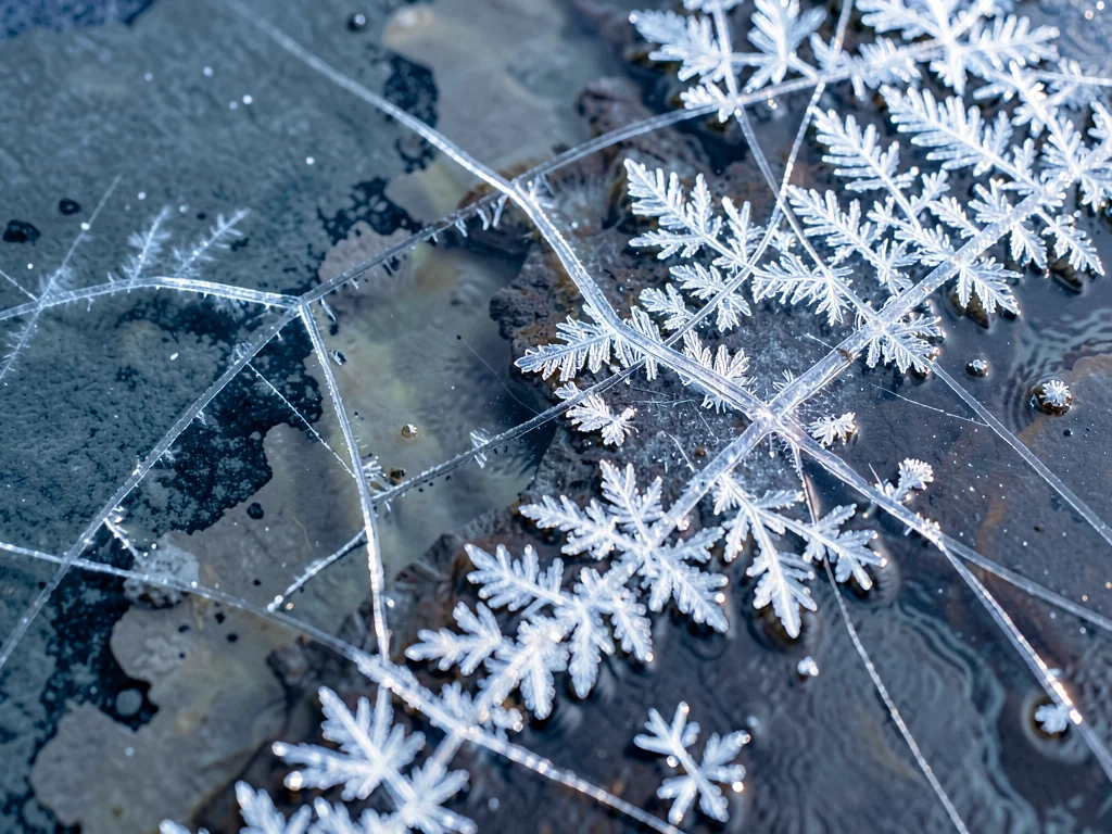 Ice forming at the edge of still water showing plate crystals