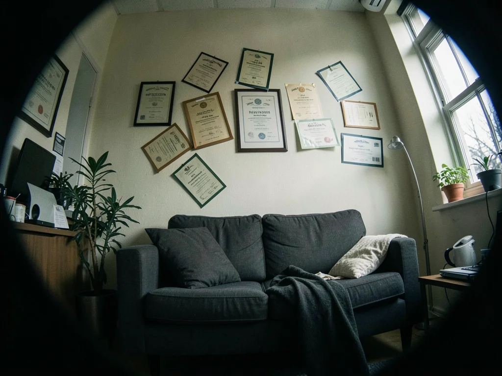 Therapist's office from the couch, the diplomas tilting off the wall