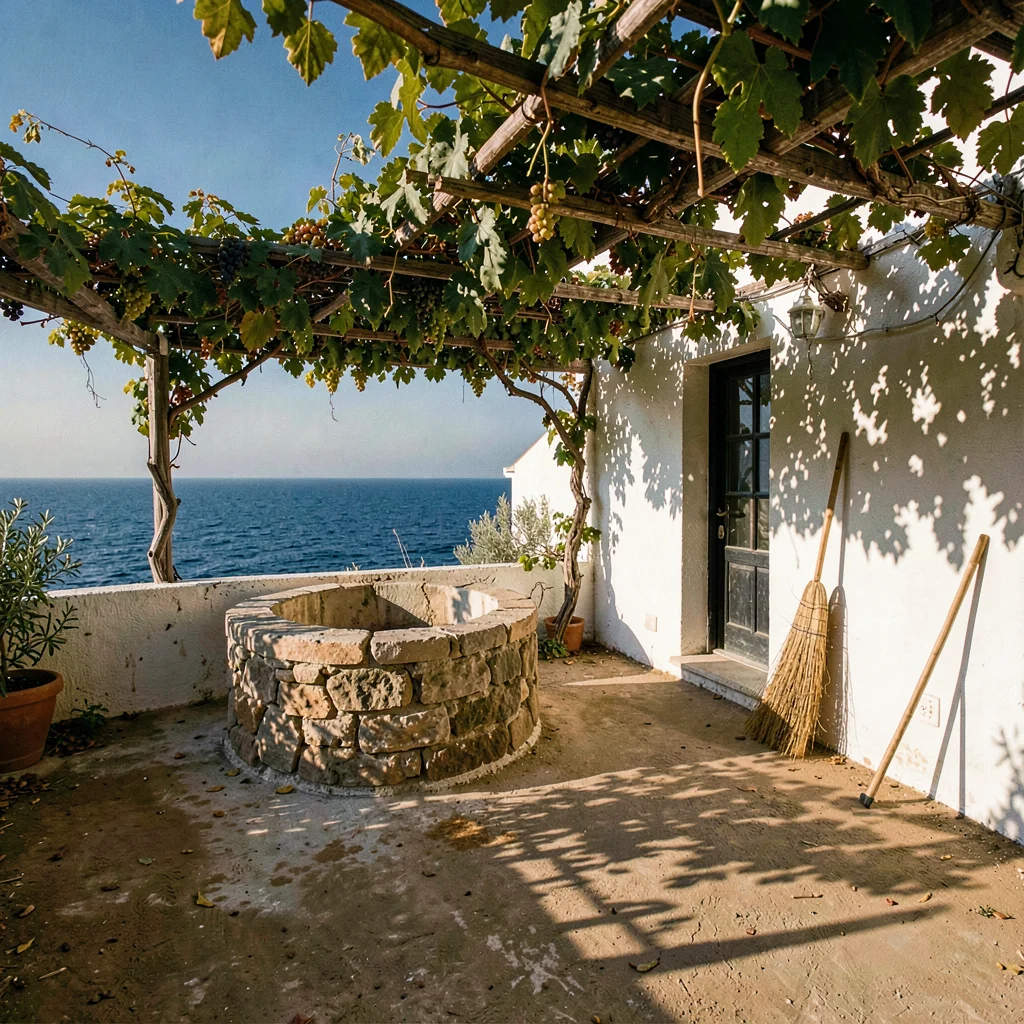Mediterranean summer photograph, August dry heat, A courtyard with a stone well,