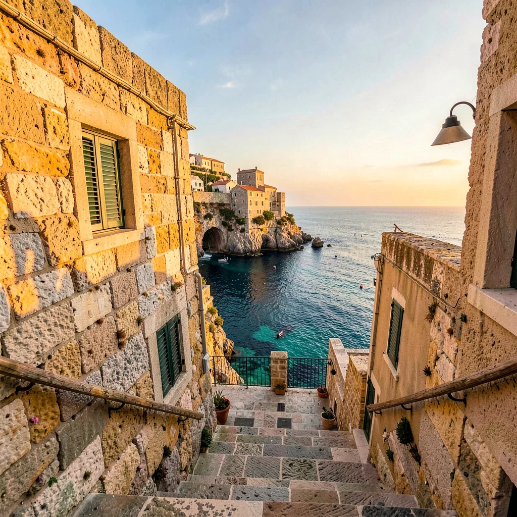 Adriatic limestone warmth, Dubrovnik honey stone, Stone staircase descending to 