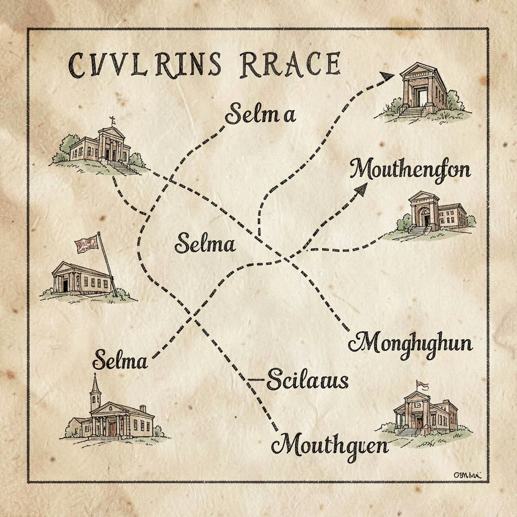 Hand-drawn map plate of Civil Rights march routes through Selma and Montgomery, 