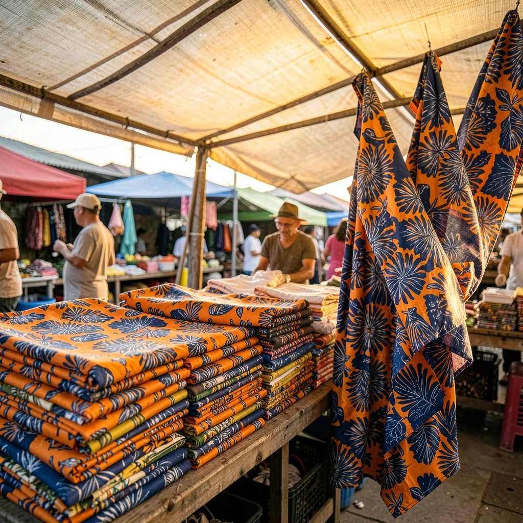 Saturated textile-rich photograph, Stacks of wax print fabric bolts in market st