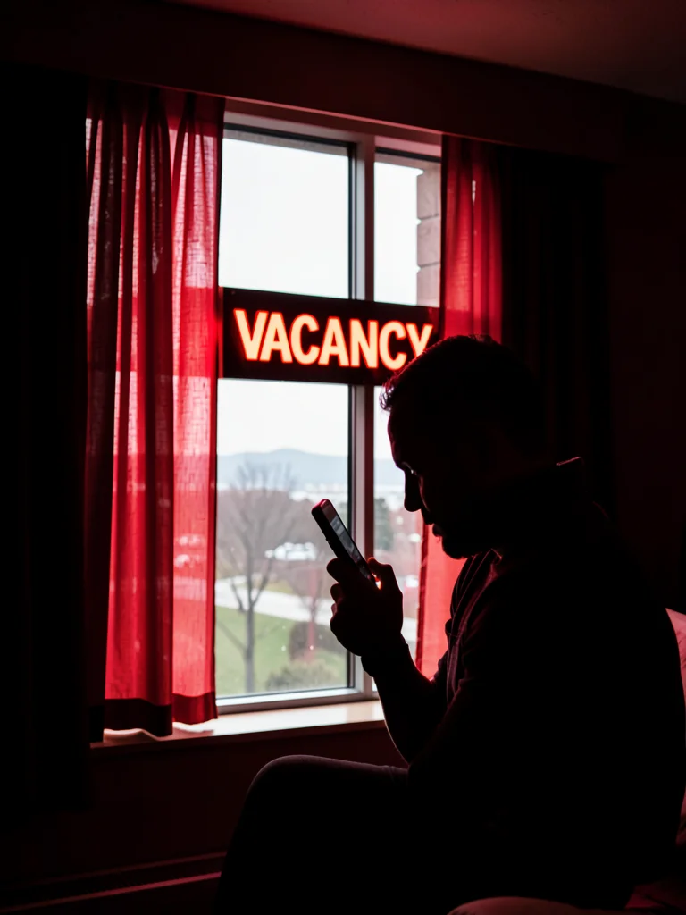 Silhouette of person on phone in hotel window, VACANCY sign bleeding red through