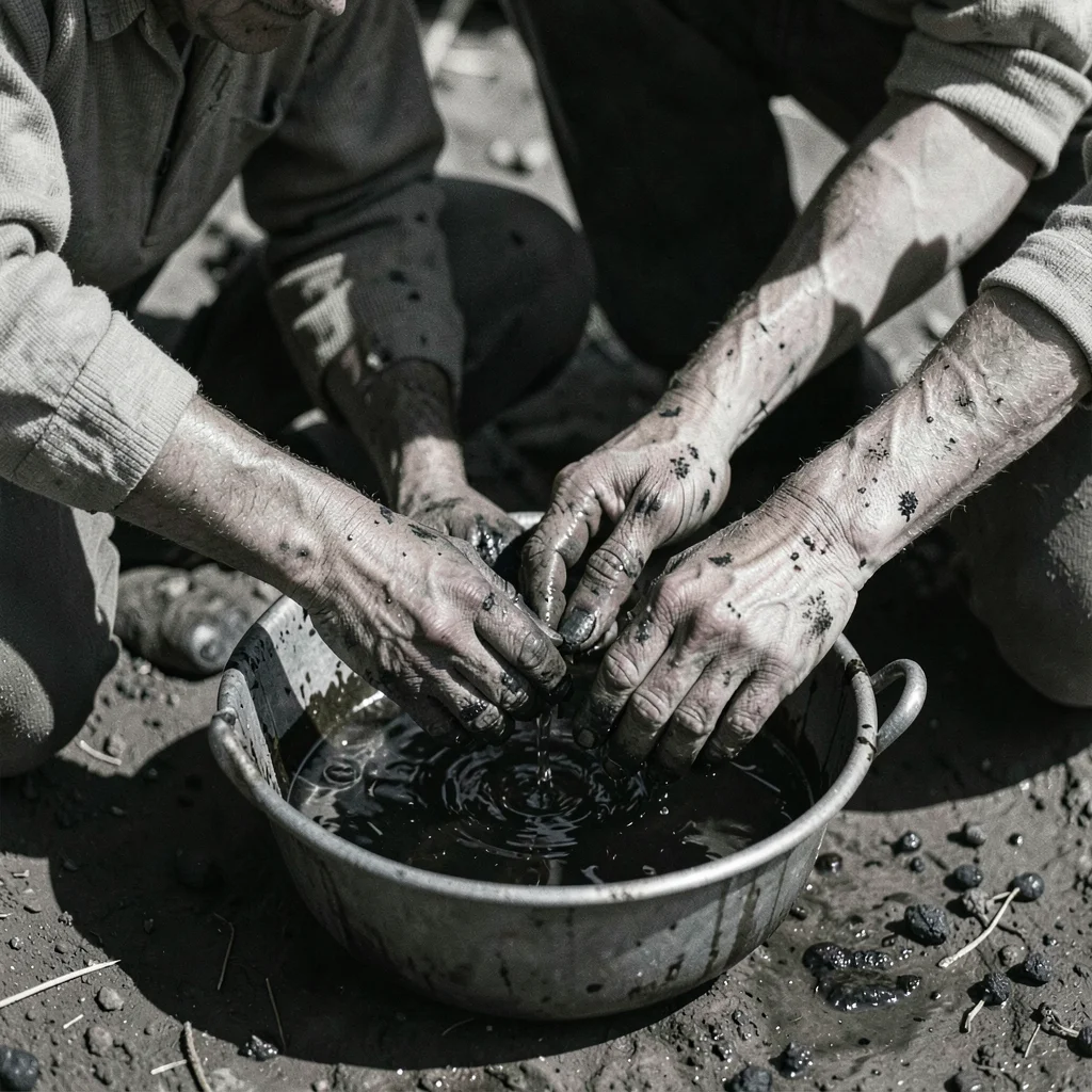 Coal-stained hands washing in a tin basin, water darkening with runoff