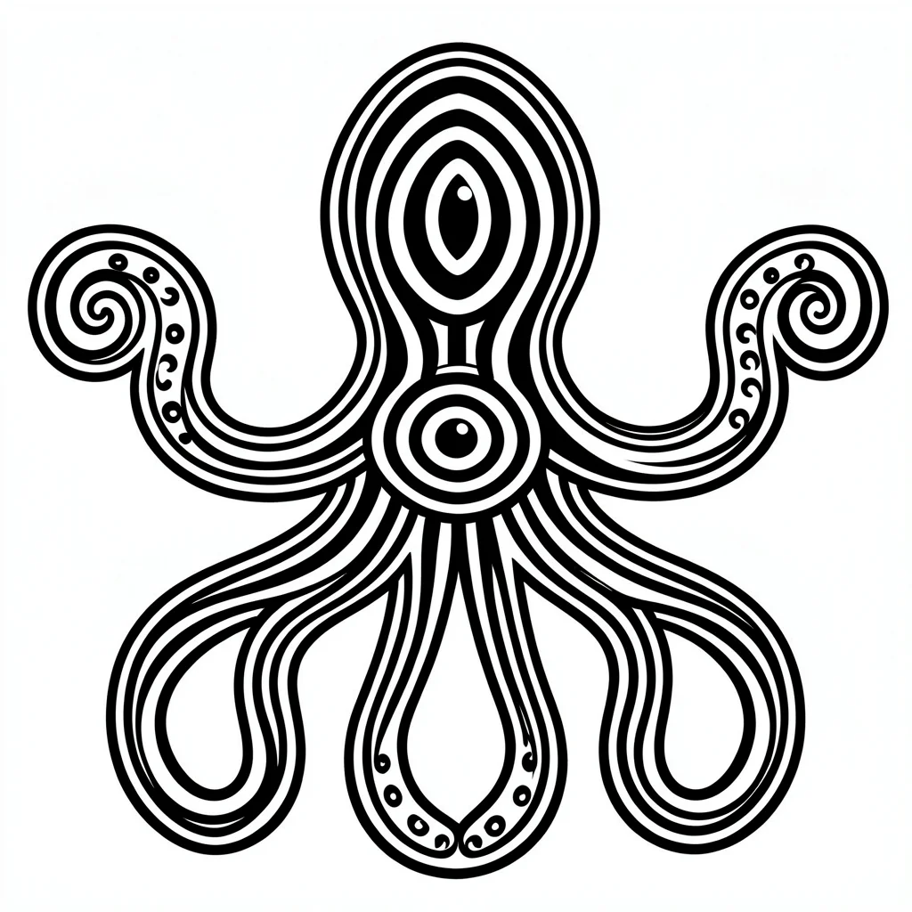 Octopus — central eye ovoid, tentacles as radiating S-curve secondaries