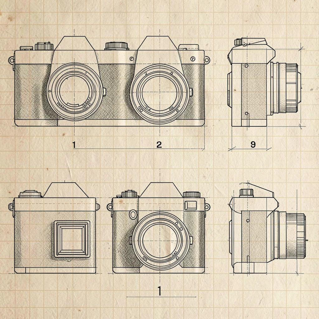 Technical orthographic of a camera in three views, top, front, side, hairline co