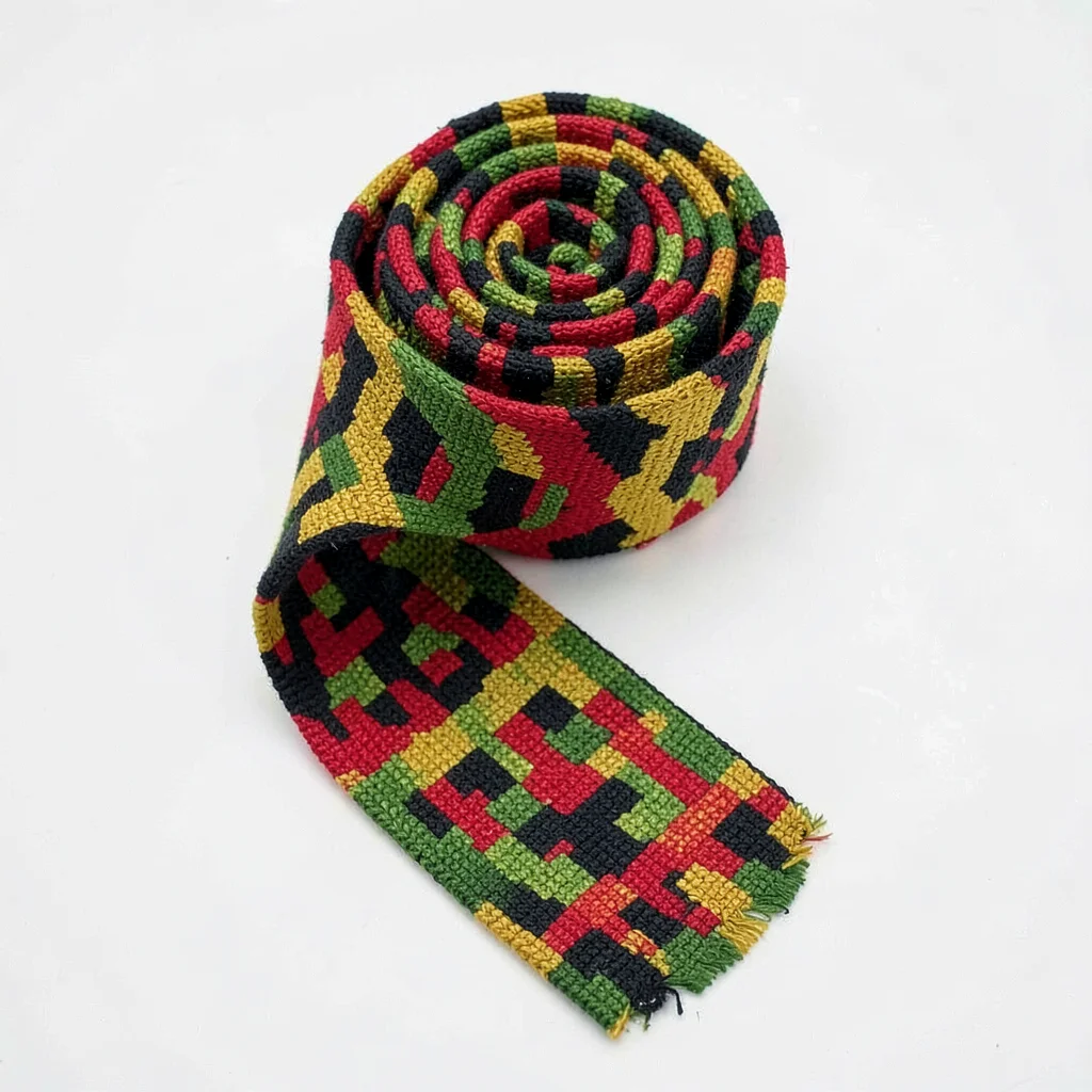 Finished kente strip rolled loosely — spiral of color from above