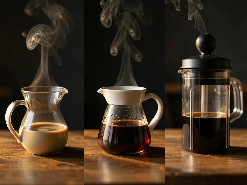 Three different brew methods side by side: espresso, pour-over, French press, ea
