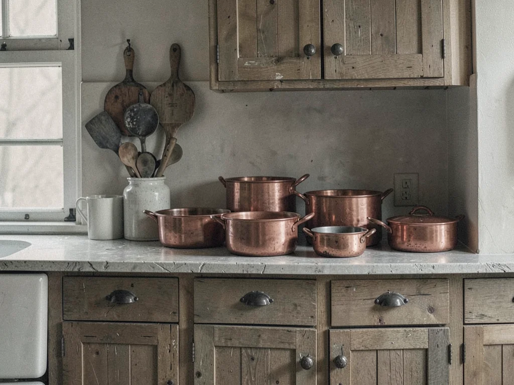 Kitchen with copper pots and wood