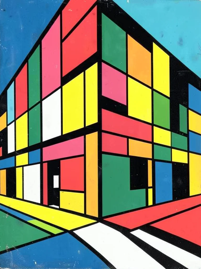 Urban street corner reduced to building blocks of primary color and black lines