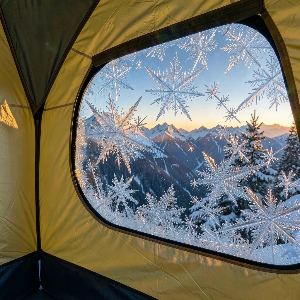Crystal clear high-altitude light, sharp mountain air quality, Ice crystals form