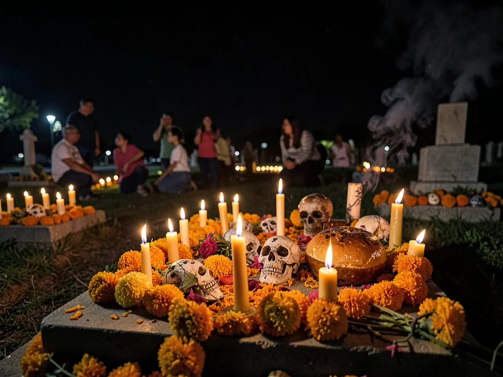 Candlelit grave ofrenda in cemetery at night