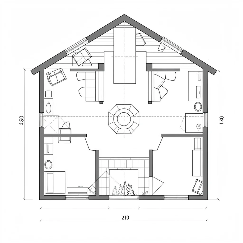floor plan of a two-bedroom log cabin with central hearth