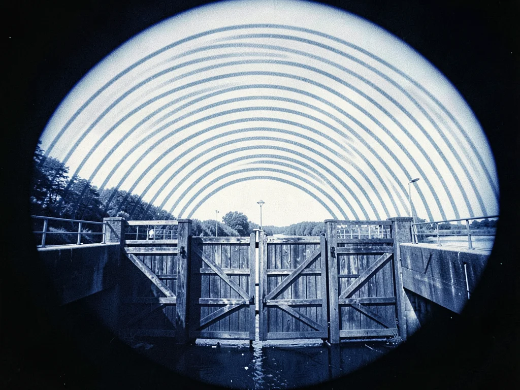 A canal lock with heavy wooden gates, sun arcs traced above in curved parallel b