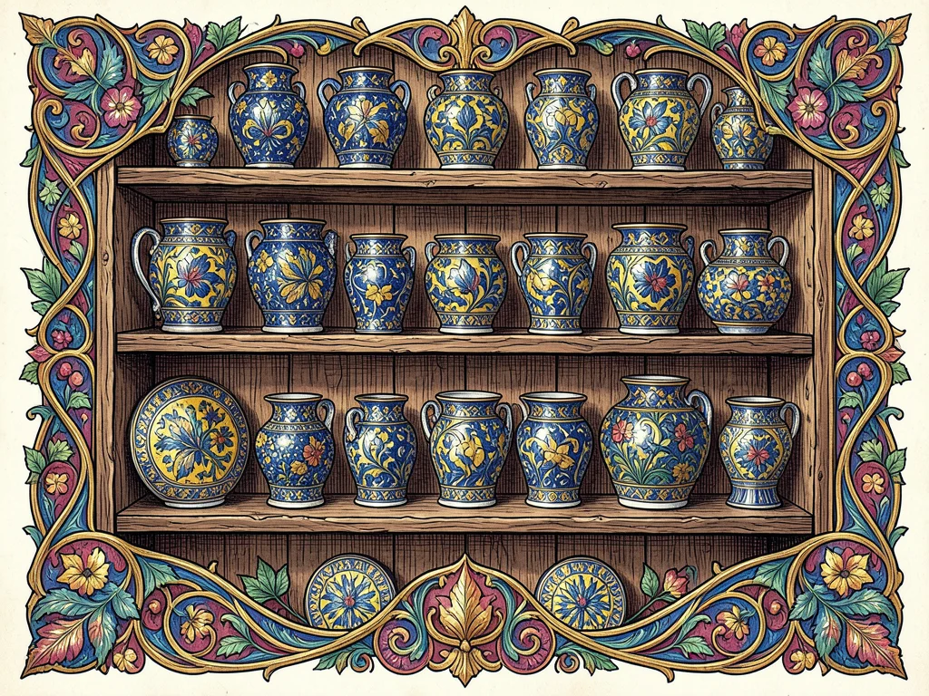Talavera pottery arranged on rustic shelves, vibrant blue and yellow patterns