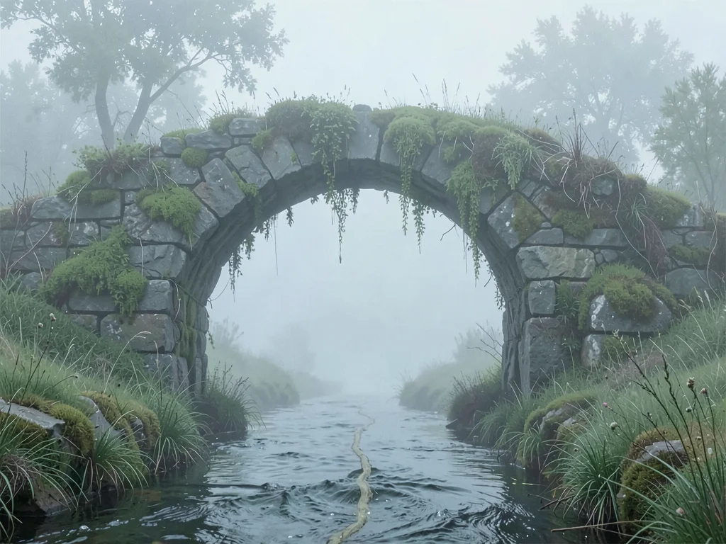 Mossed packhorse arch over a thread of stream, the further bank a soft suggestio