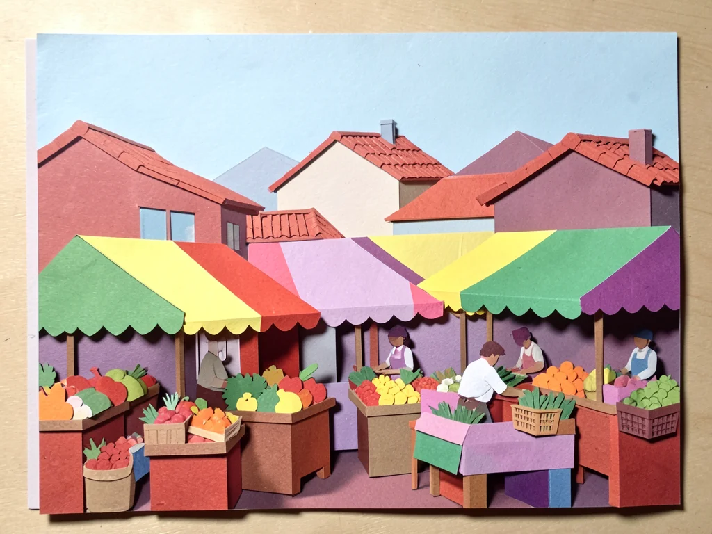 A market scene: sky and rooftops behind, market stall canopies in different colo