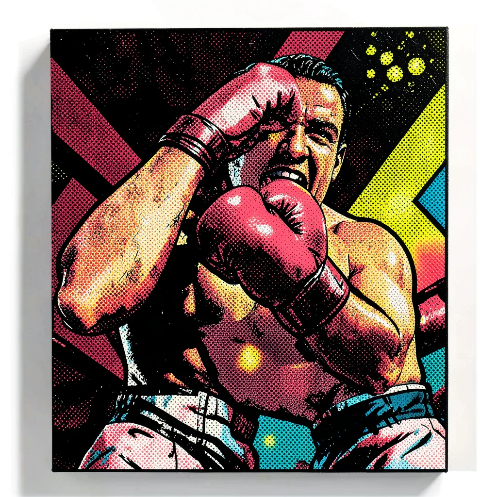 Halftone dot illustration, boxing match punch , Ben-Day dots, pop art aesthetic,