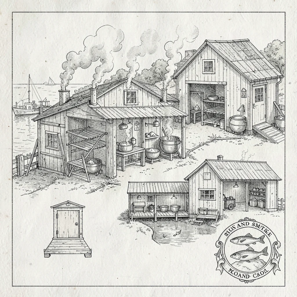 A harbor-side fish-smoking smokehouse plan with smoke-rooms, drying racks, salt-