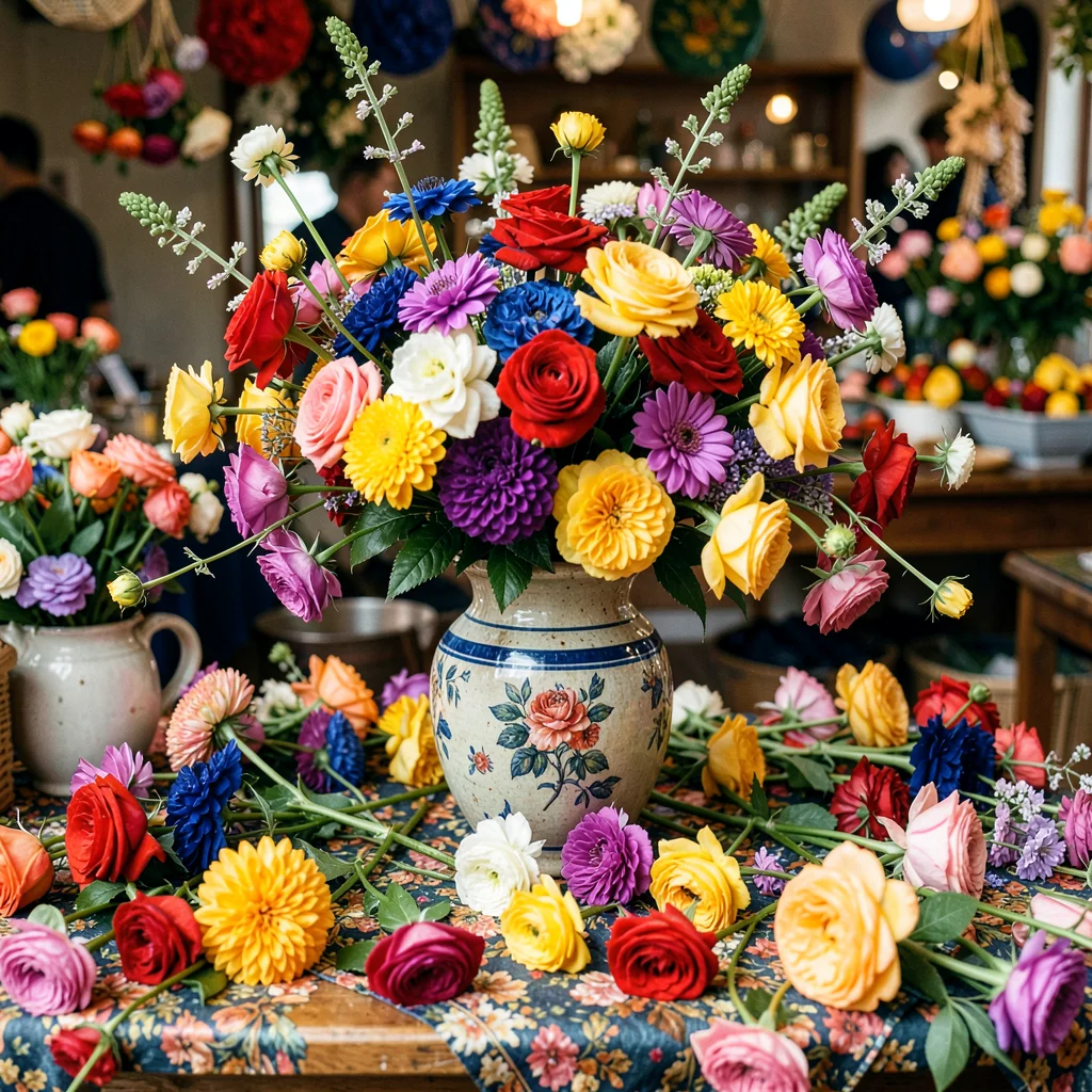 A market bouquet in a ceramic vase — flowers spilling over the table to every ed