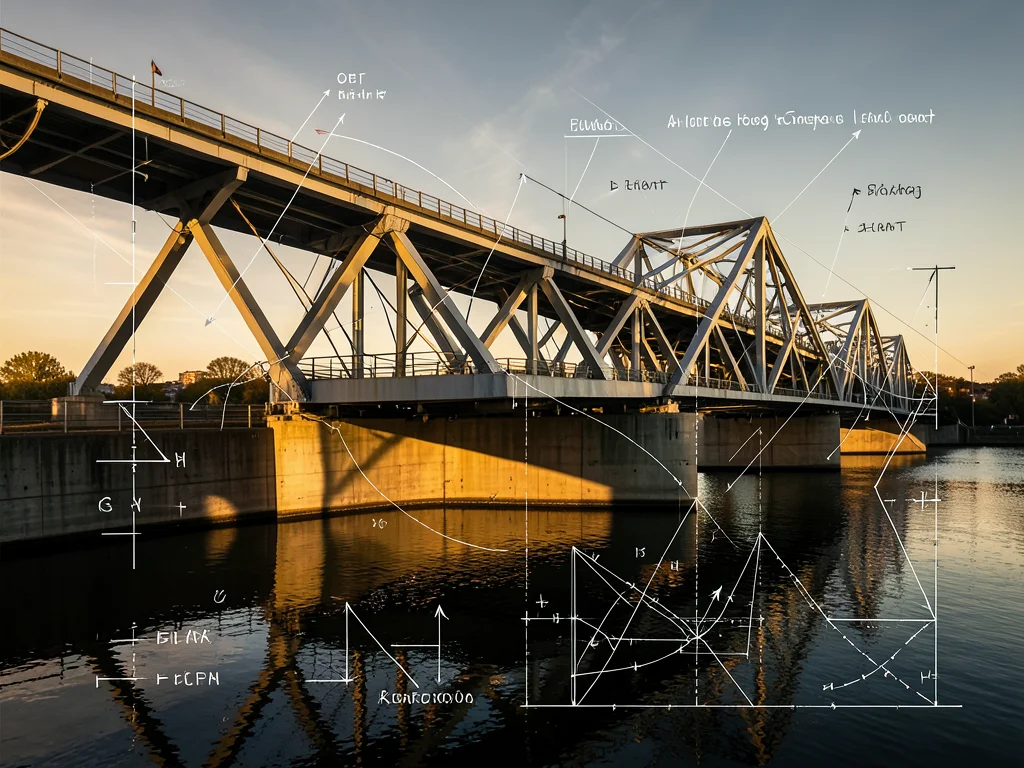 Bridge photograph with structural engineering diagrams and force vectors drawn o